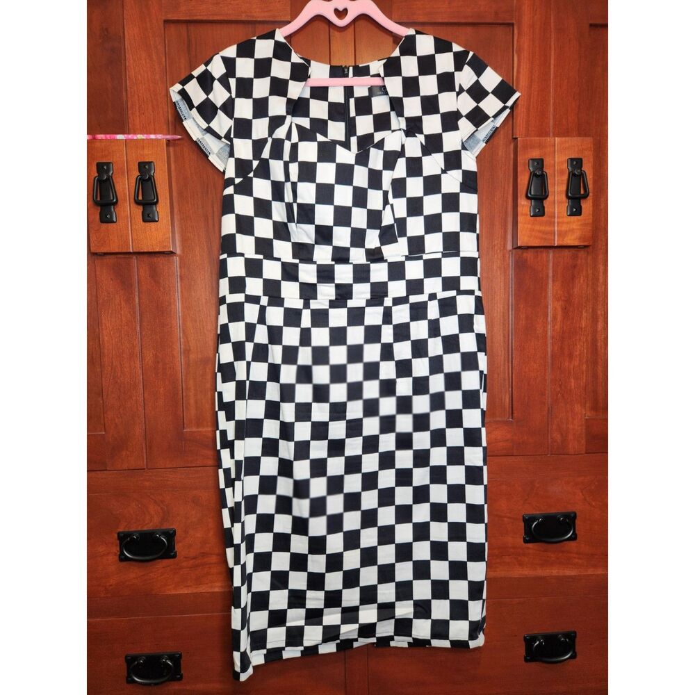 Grace Karin Black & White Checkerboard Pencil Dress Vintage Style Womens Size XL